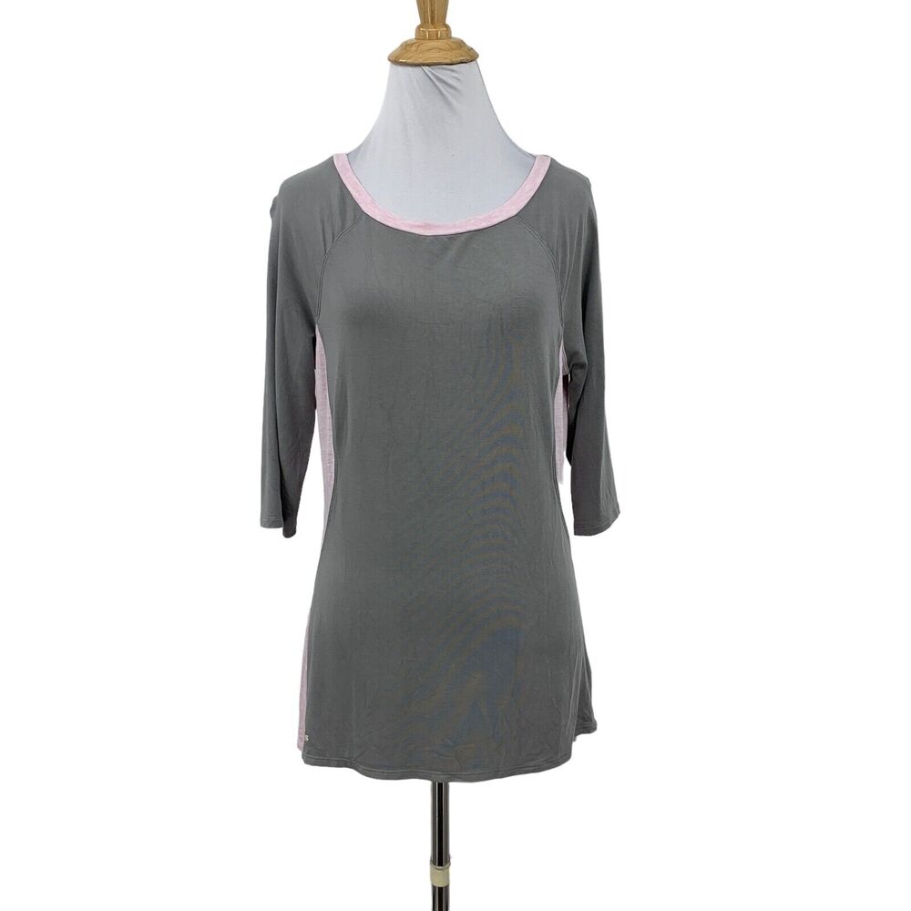 Adidas Shirt Womens S Pink Gray Colorblock Quarter Sleeve Athletic Stretch Tee